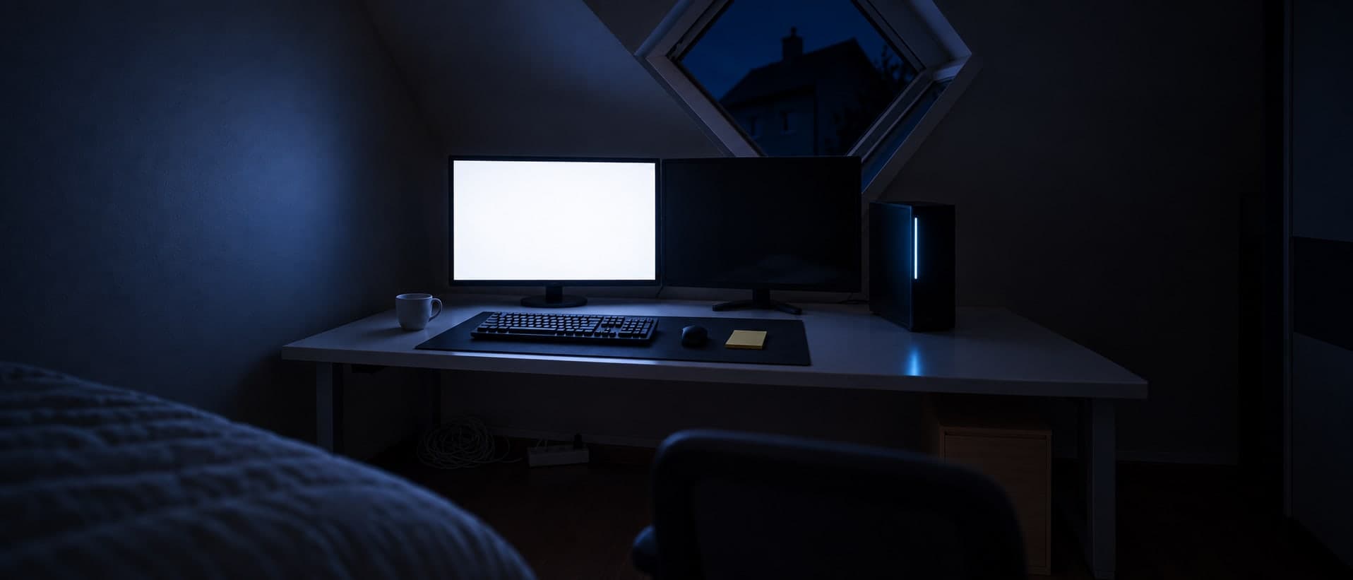 Aufgeräumter Schreibtisch im Dachzimmer am Abend, ein heller leerer Bildschirm, der Stuhl steht bereit