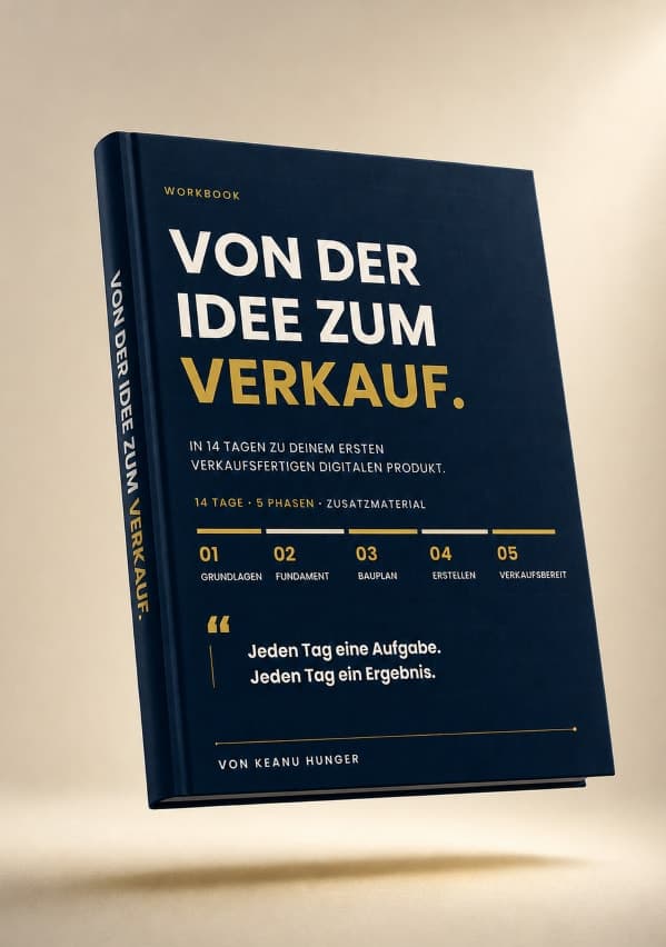 Das Workbook Von der Idee zum Verkauf, dunkelblauer Einband mit den fünf Phasen